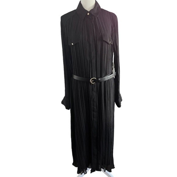 ZARA Women’s Dress Long Sleeve Black Pleated Belted Midi Dress L NEW - Picture 5 of 11